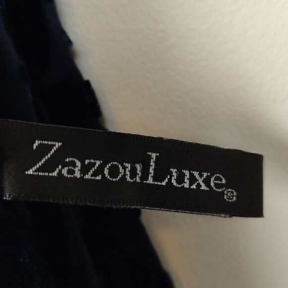 ZazouLuxe Silk Blend Navy Blue Sheer Velvet Flocked Music Inspired Fringed Scarf - Picture 4 of 8
